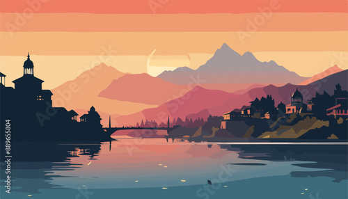 Majestic sunset over Lake Garda in Italy. Vector illustration