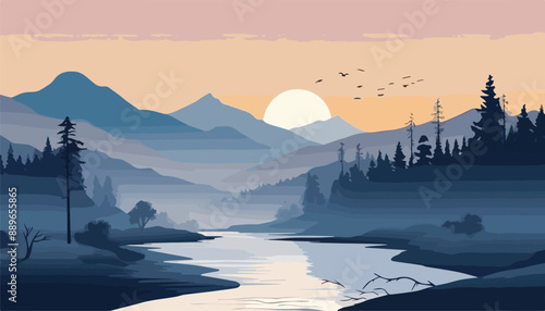 Landscape with mountains and river at sunset. Vector illustration in flat style