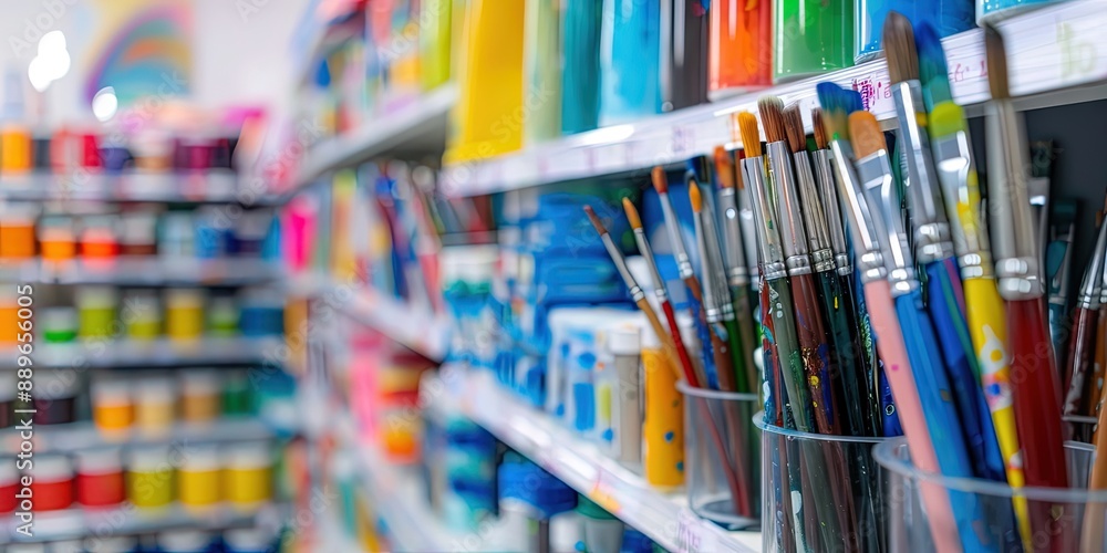 large assortment of art supplies in the art store - paints, brushes, and more for the professional or hobbyist artist on display in a studio/retail space large assortment of art supplies in the art store - paints, brushes, and more for the professional or hobbyist artist on display in a studio/retail space
