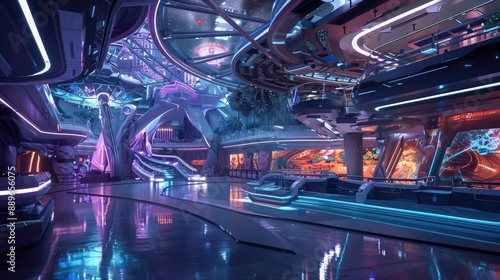 A futuristic theme park with advanced rides and holographic entertainment.