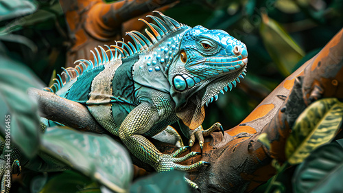 The green iguana is also known as a large arboreal lizard of iguana genus resting on branch with his paw dangling. Selective focus. Cloce up. Generative AI photo