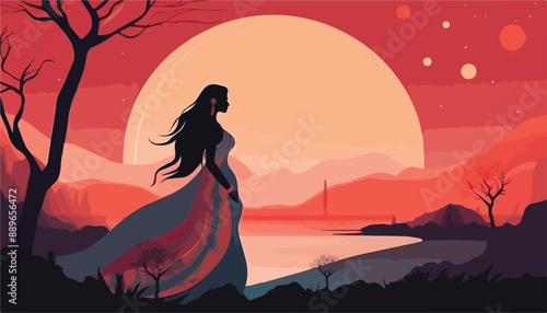 Girl in a long dress on the bank of the river. Vector illustration