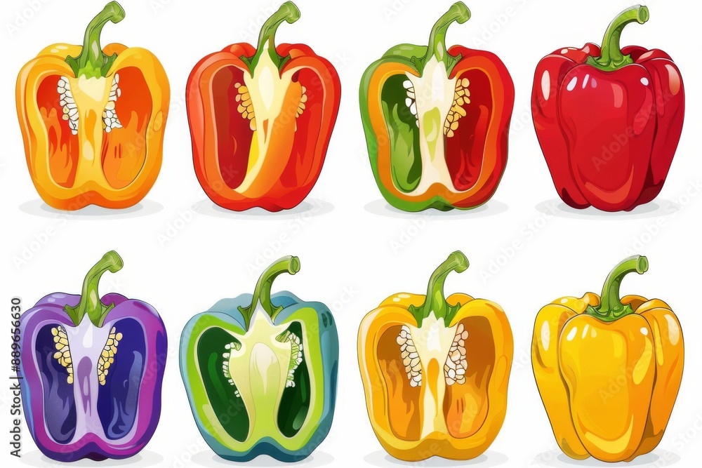 A colorful arrangement of bell peppers, cut in half to reveal their vibrant insides, against a clean white background. Perfect for adding a pop of color to your content. A colorful arrangement of bell peppers, cut in half to reveal their vibrant insides, against a clean white background. Perfect for adding a pop of color to your content.