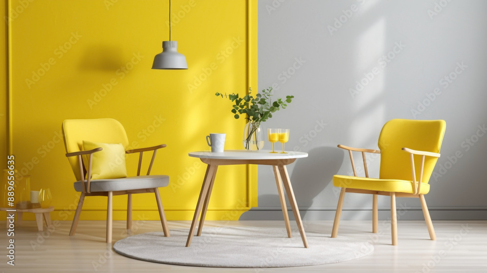 Seek solace and comfort in a sunny Scandinavian sanctuary with two chrs, a central table, and an empty canvas agnst a backdrop of warm yellow. Seek solace and comfort in a sunny Scandinavian sanctuary with two chrs, a central table, and an empty canvas agnst a backdrop of warm yellow.