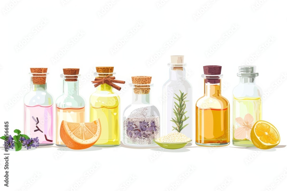A row of polished glass jars containing various spa ingredients and essential oils. Illustration on a clear white background --ar 3:2 --style raw Job ID: 5d3ec988-e753-45e4-bf55-b8a725e4fcf0 A row of polished glass jars containing various spa ingredients and essential oils. Illustration on a clear white background --ar 3:2 --style raw Job ID: 5d3ec988-e753-45e4-bf55-b8a725e4fcf0