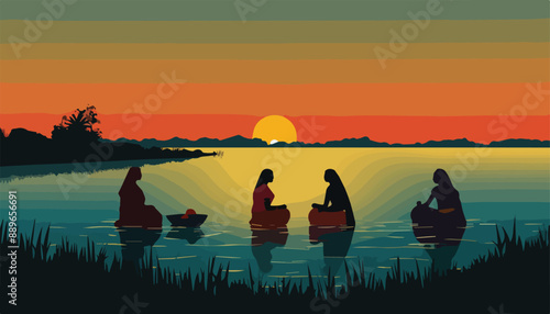 Silhouette of people in the lake at sunset, vector illustration