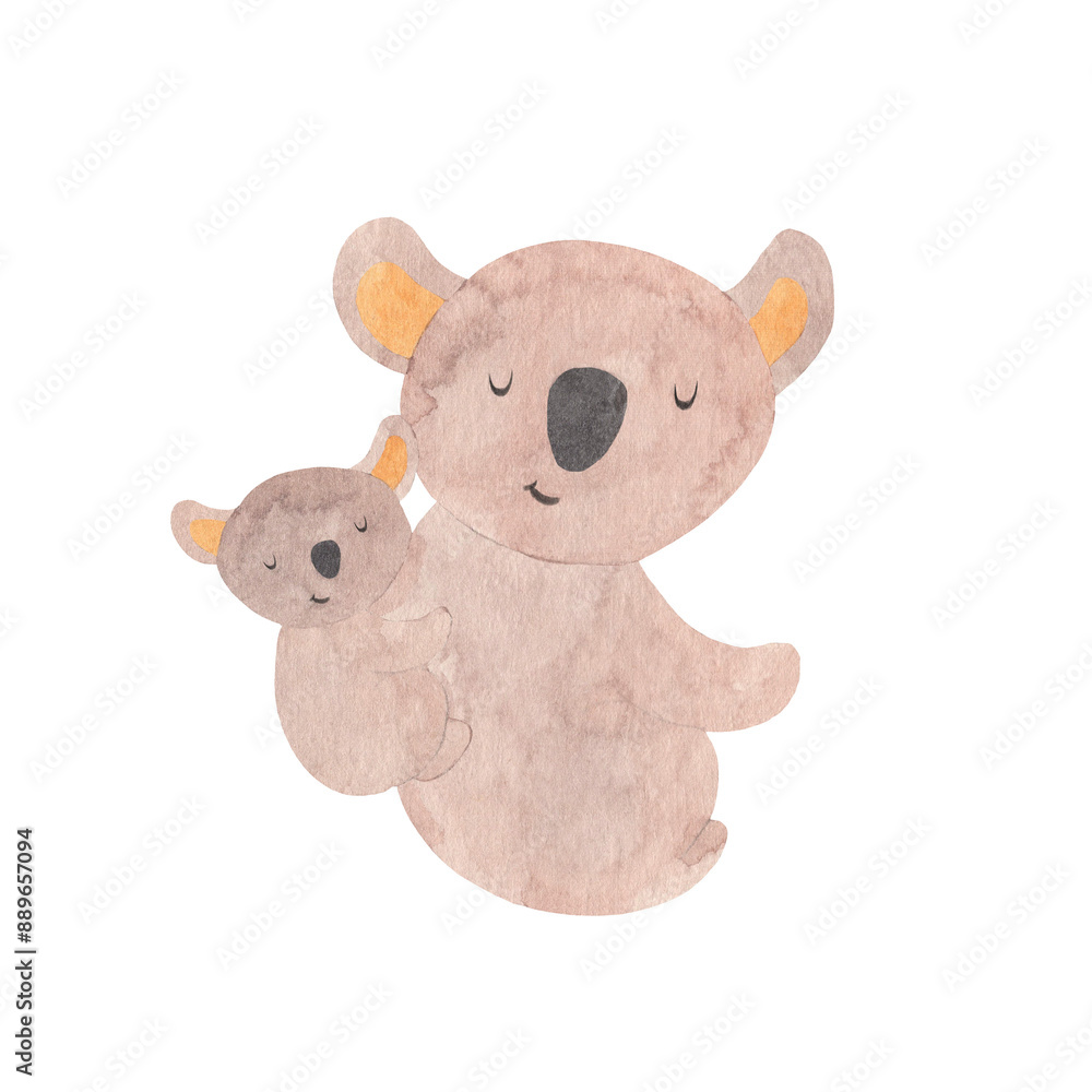 Koala bear mother with baby - watercolor hand drawn illustration ...