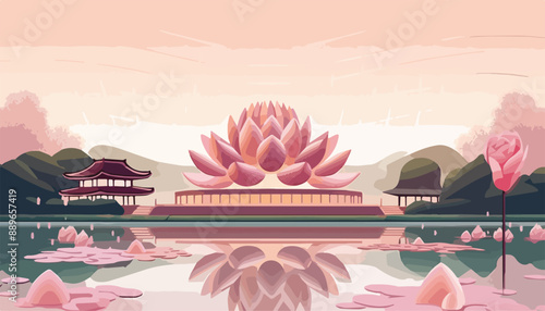 Landscape of lotus flower in Chinese garden. Vector illustration.