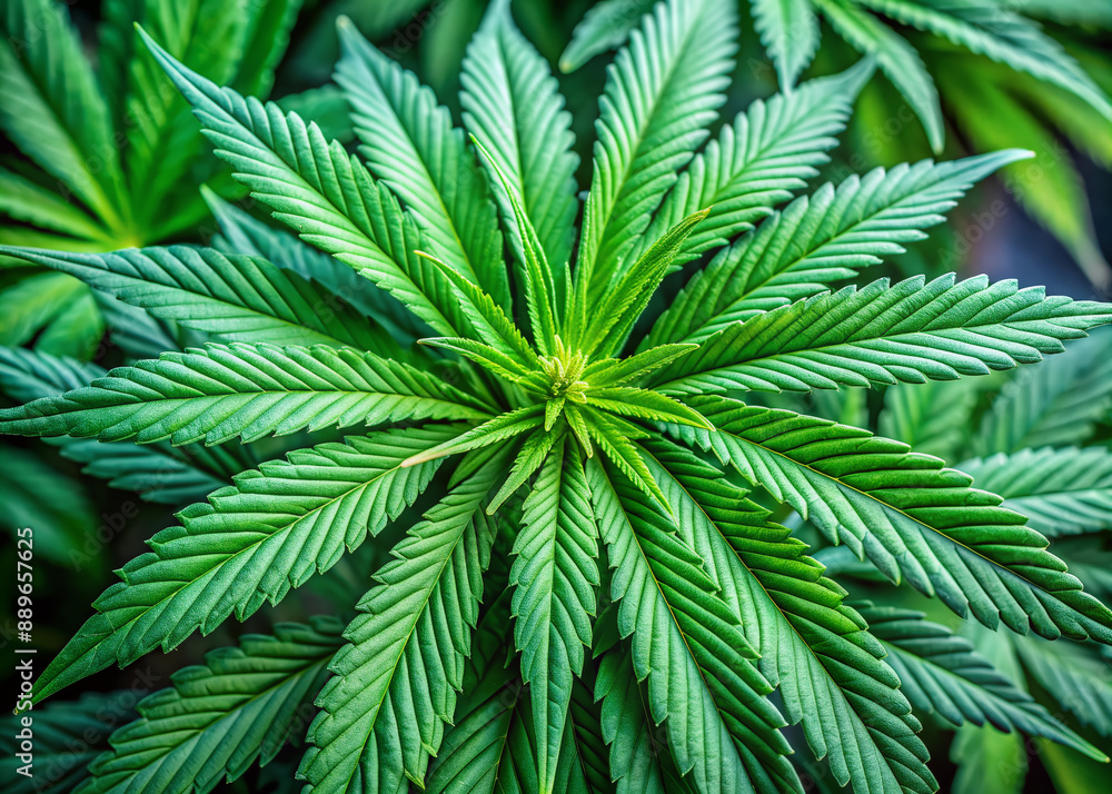 Close-up of mature, vibrant green male hemp or cannabis plant leaves with seven distinct leaflets, showcasing intricate veins and textured surfaces in natural light. Close-up of mature, vibrant green male hemp or cannabis plant leaves with seven distinct leaflets, showcasing intricate veins and textured surfaces in natural light.