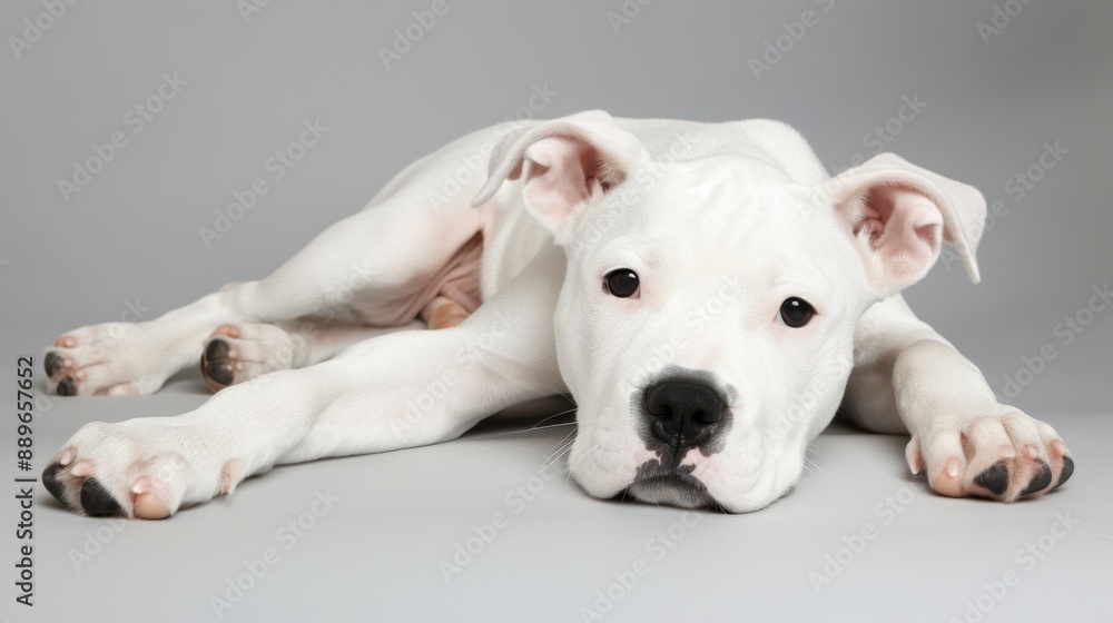 Adorable white puppy resting on a light gray background, showcasing its cute and innocent appearance, perfect for pet and animal themes. Adorable white puppy resting on a light gray background, showcasing its cute and innocent appearance, perfect for pet and animal themes.
