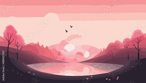 Landscape with lake, forest and sunset. Nature background. Vector illustration