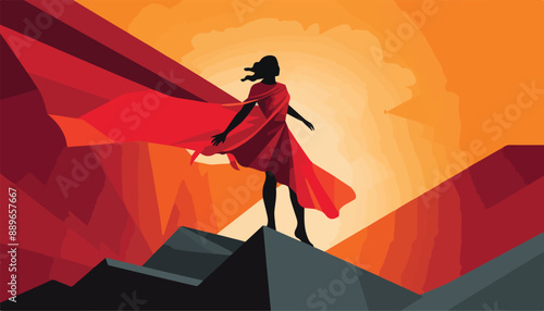 Superhero woman on the top of the mountain. Vector illustration.