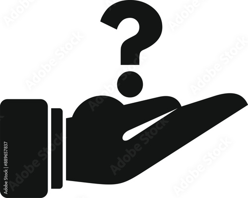 Black and white icon of a hand holding a question mark, representing asking a question