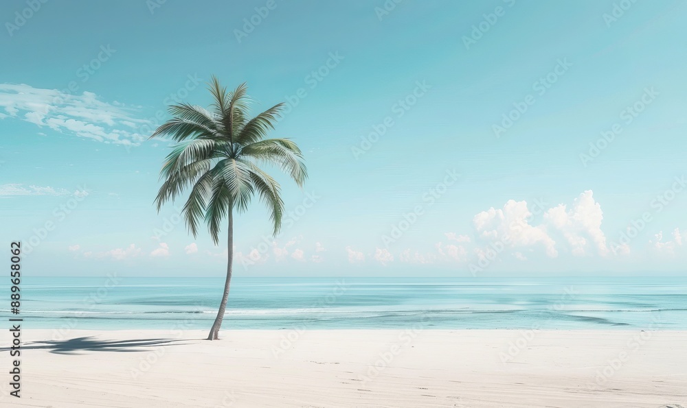 Minimalist beach scene, single palm tree and serene ocean, clean and simple composition Minimalist beach scene, single palm tree and serene ocean, clean and simple composition