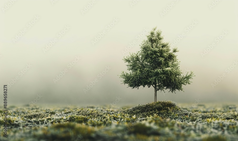 Minimalist forest scene, single tree with clear background, serene and natural