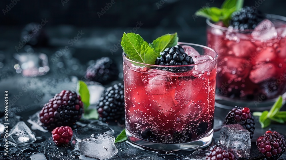 A sophisticated image featuring two blackberry cocktails with fresh blackberry and herb garnishes A sophisticated image featuring two blackberry cocktails with fresh blackberry and herb garnishes