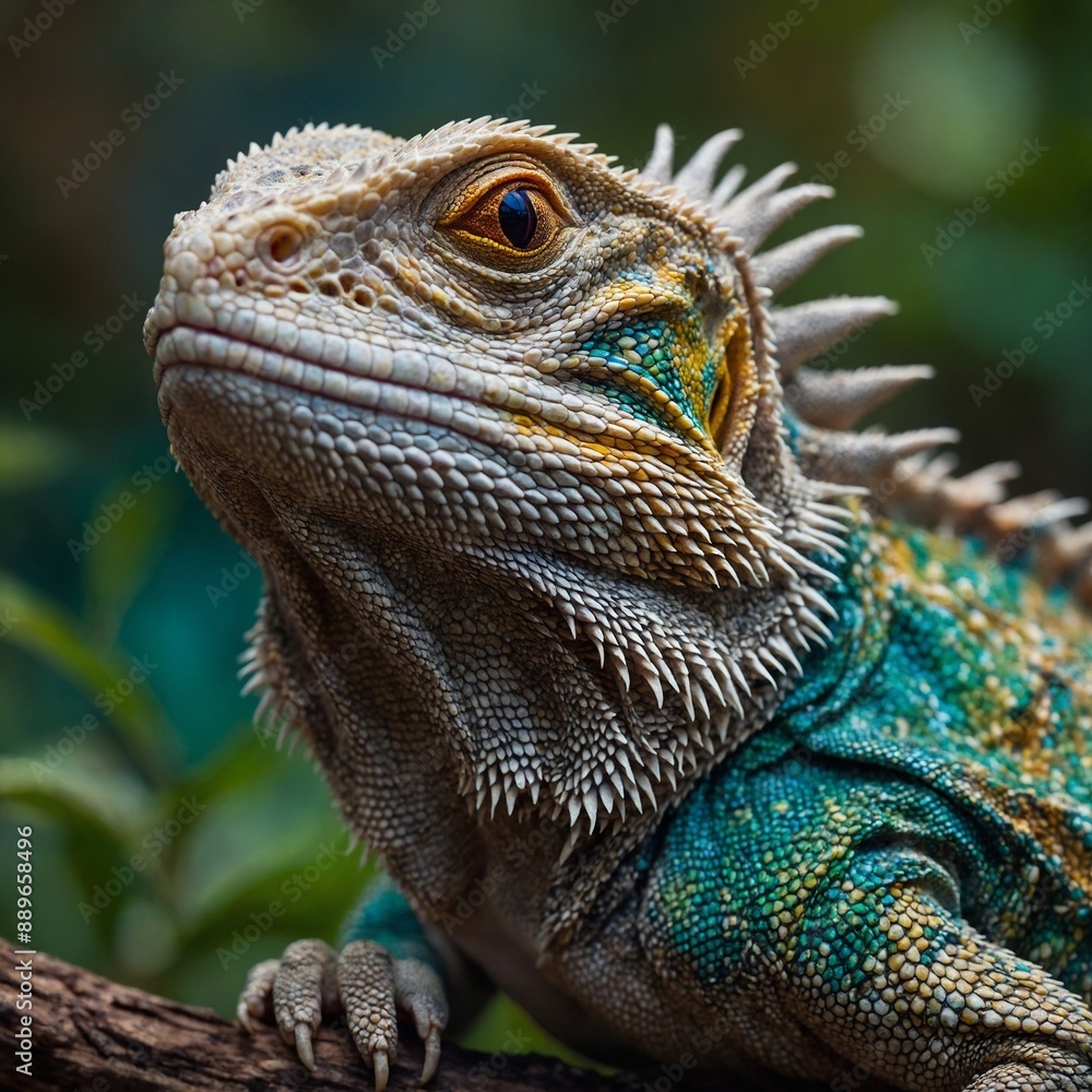 Bearded dragon, its textured scales vibrant, perches alert on branch. Spiky beard, intricate patterns on its skin captivate. Yellow to green gradients reveal reptilian beauty. Bearded dragon, its textured scales vibrant, perches alert on branch. Spiky beard, intricate patterns on its skin captivate. Yellow to green gradients reveal reptilian beauty.
