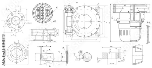 Vector set of steel mechanical devices with shaft, 
gear, electric engine, bolted connection 
and dimension lines. Assembly drawing of cylindrical 
worm reducer. Engineering technical cad scheme. 