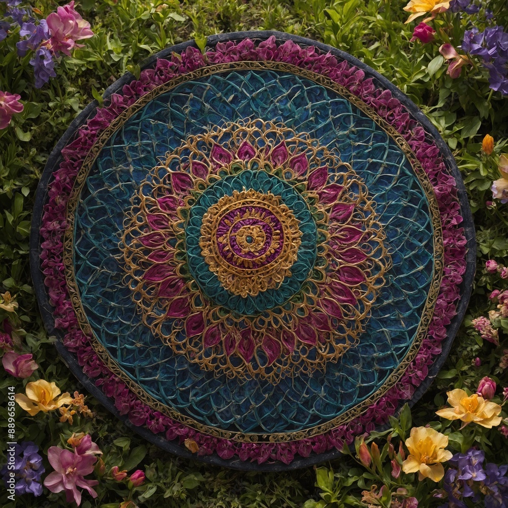 Obraz premium Amidst lush greenery, vibrant circular mandala blooms, its intricate design captivating eye. Concentric circles, filigree work, rich palette of blues, purples, yellows, pinks create depth.