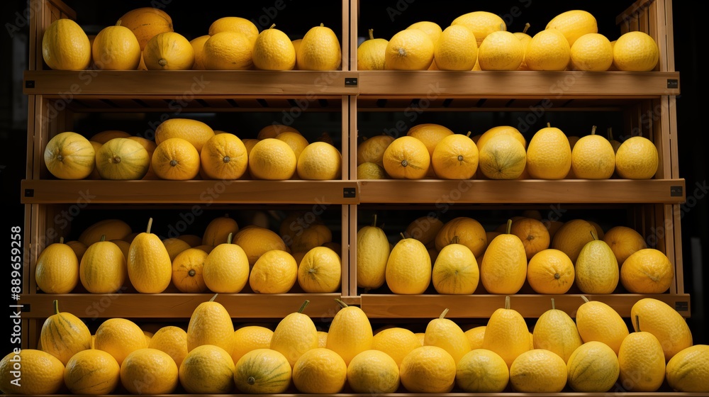 Yellow melons arranged neatly on wooden shelves in a market setting background. Yellow melons arranged neatly on wooden shelves in a market setting background.