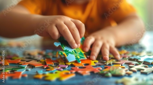 Child's hands assembling colorful jigsaw puzzle pieces on a table, focusing on fine motor skills and cognitive development.