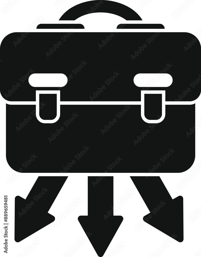 Black and white icon of a briefcase falling in value with three downward arrows representing diversification Black and white icon of a briefcase falling in value with three downward arrows representing diversification