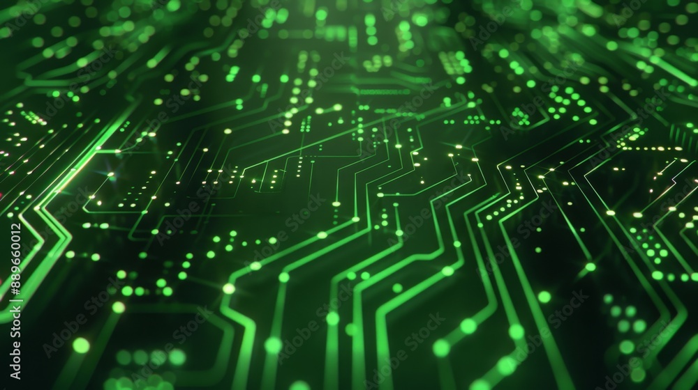 A close-up shot of a circuit board with glowing green lines and dots, creating a futuristic and technological aesthetic. A close-up shot of a circuit board with glowing green lines and dots, creating a futuristic and technological aesthetic.