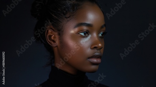 Embracing Diversity: Multicultural Model in Dreamy Expression, Crane Shot with Frame within a Frame on Black Background