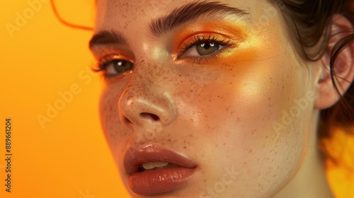 Vibrant Makeup Editorial: Macro Beauty Shots with Receding Lines and Bounce Lighting on Orange Background © Chiradet