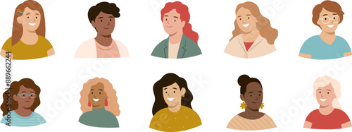 Diversity woman portrait illustration set. Smiling girl avatar collection. Isolated flat design. Various headshots.