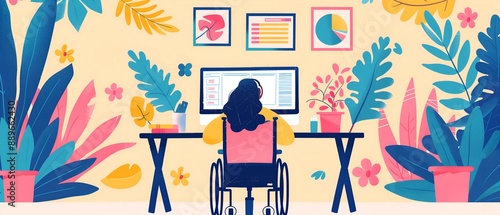 Disabled Woman in Wheelchair working on laptop. illustration