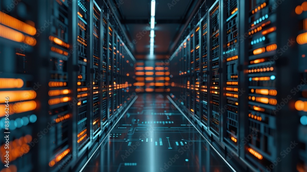 A futuristic server room with glowing blue and orange lights, highlighting the rows of servers and data storage. A futuristic server room with glowing blue and orange lights, highlighting the rows of servers and data storage.
