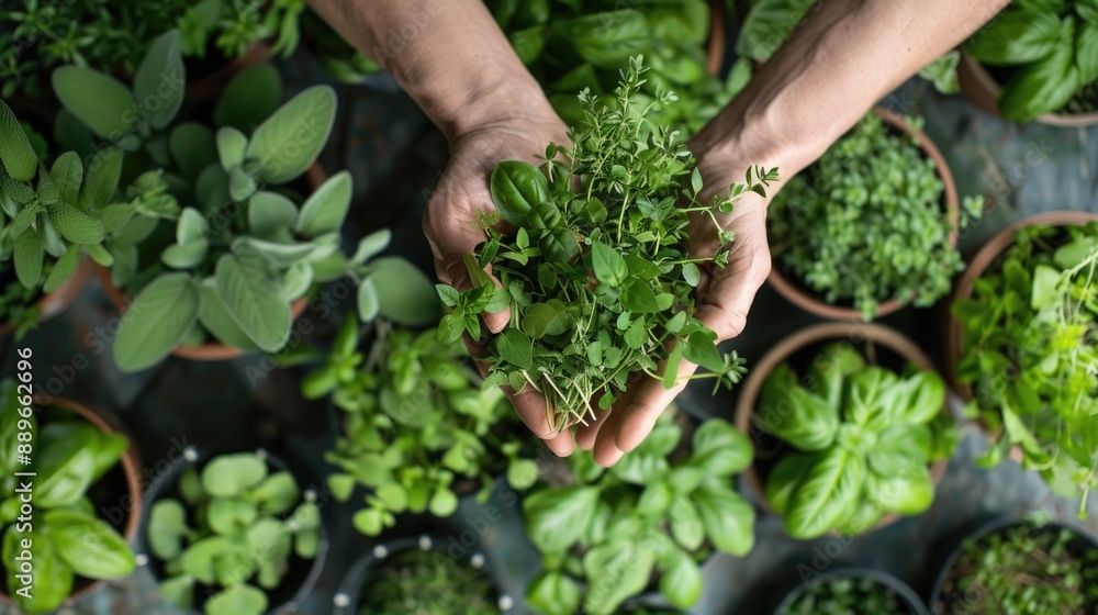 Hands Holding Freshly Picked Herbs Surrounded by Potted Plants in a Kitchen Garden Hands Holding Freshly Picked Herbs Surrounded by Potted Plants in a Kitchen Garden