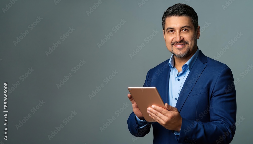 Indian Businessman Holding Tablet Professional Image on Gray Background Indian Businessman Holding Tablet Professional Image on Gray Background
