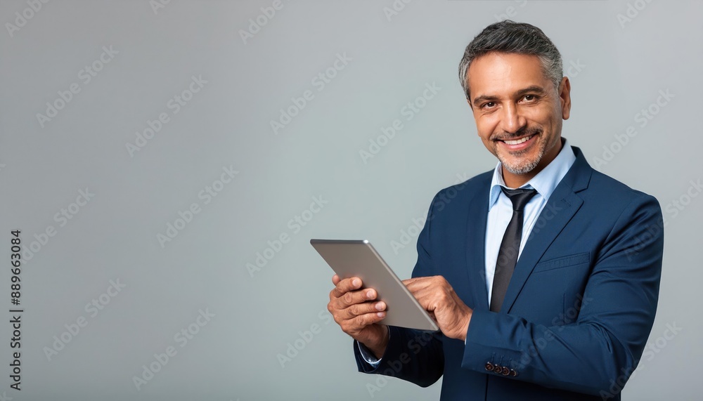Indian Businessman Holding Tablet Professional Image on Gray Background Indian Businessman Holding Tablet Professional Image on Gray Background