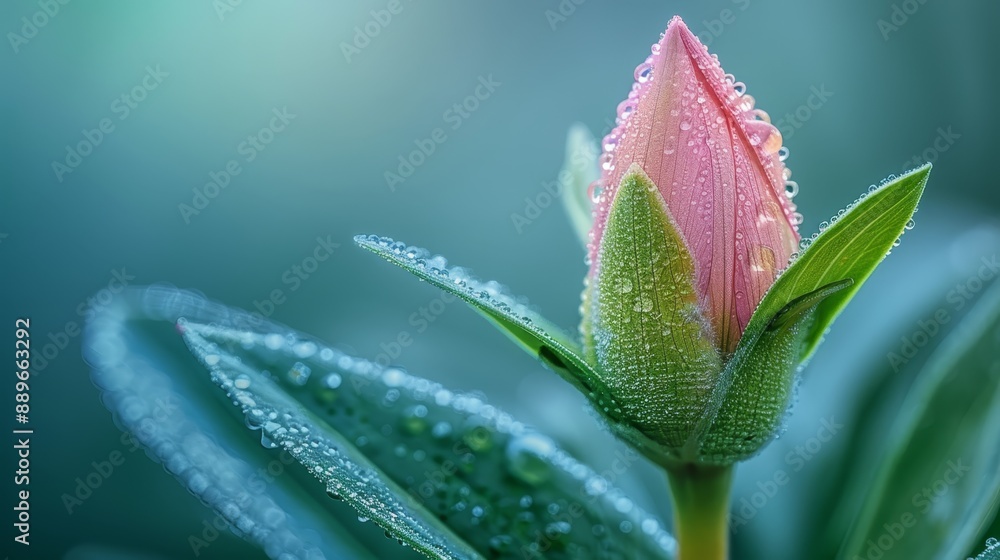 A tight shot of a pink bloom, adorned with water beads on its petals, against a backdrop of a tranquil blue scene, featuring a solitary green leaf A tight shot of a pink bloom, adorned with water beads on its petals, against a backdrop of a tranquil blue scene, featuring a solitary green leaf