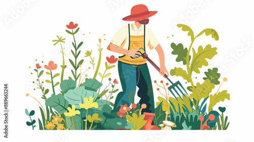 Farmer with pruner in garden. flat vector style isolated on white background