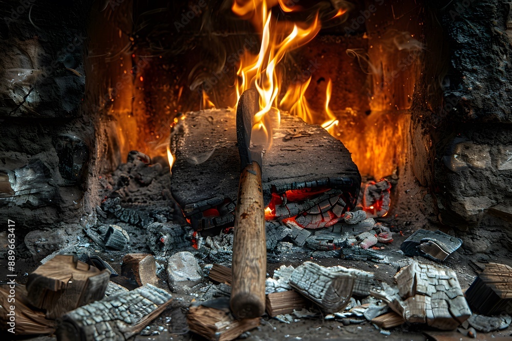 Cozy Fireplace with Burning Log and Axe Cozy Fireplace with Burning Log and Axe