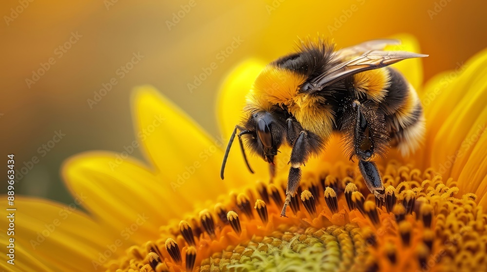 A bee atop a sunflower, head rested on its bloom A bee atop a sunflower, head rested on its bloom