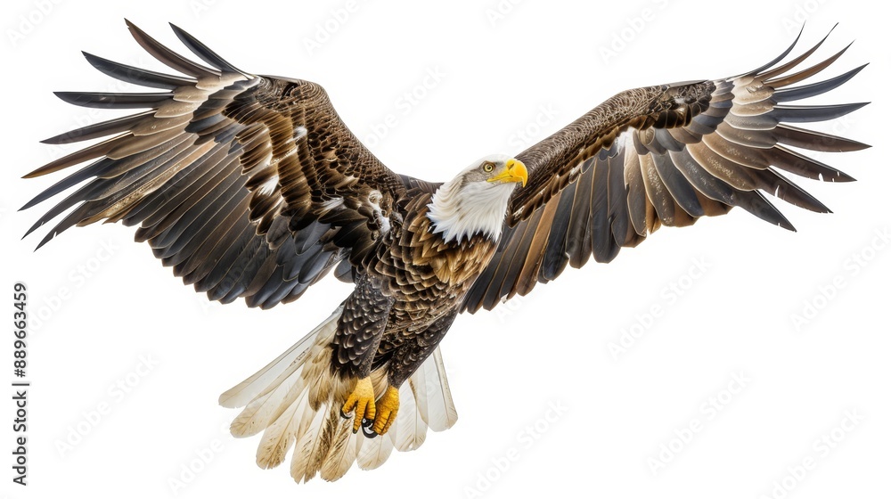 A bald eagle soars in the sky, wings extended, head turned aside A bald eagle soars in the sky, wings extended, head turned aside