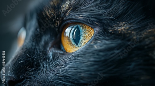  A tight shot of a black feline's eye, featuring irises of contrasting hues - yellow and blue
