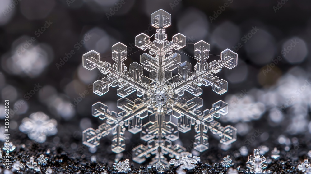 A close-up of a single snowflake, intricately displaying its unique six-armed crystalline structure, adorned with minuscule ice crystals resembling A close-up of a single snowflake, intricately displaying its unique six-armed crystalline structure, adorned with minuscule ice crystals resembling