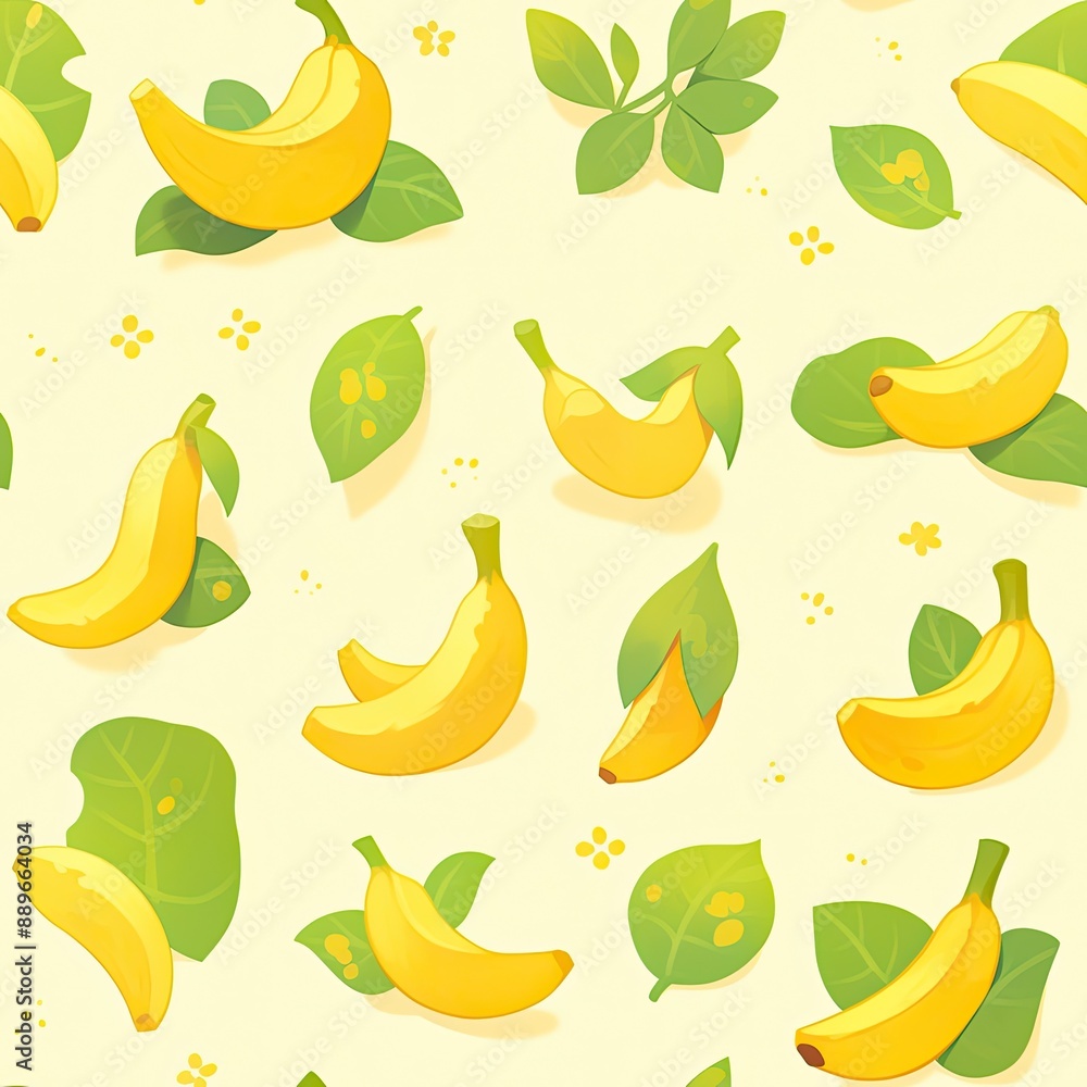 Seamless Pattern of Yellow Bananas and Green Leaves on a Light Yellow Background. Seamless Pattern of Yellow Bananas and Green Leaves on a Light Yellow Background.