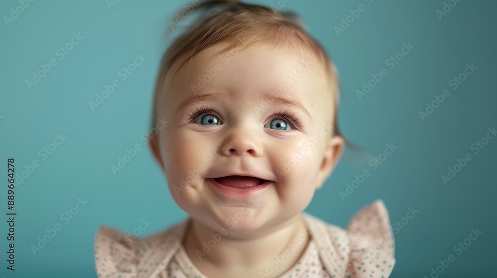 A toothbrush in close-up next to a smiling baby's face as she brushes her teeth A toothbrush in close-up next to a smiling baby's face as she brushes her teeth