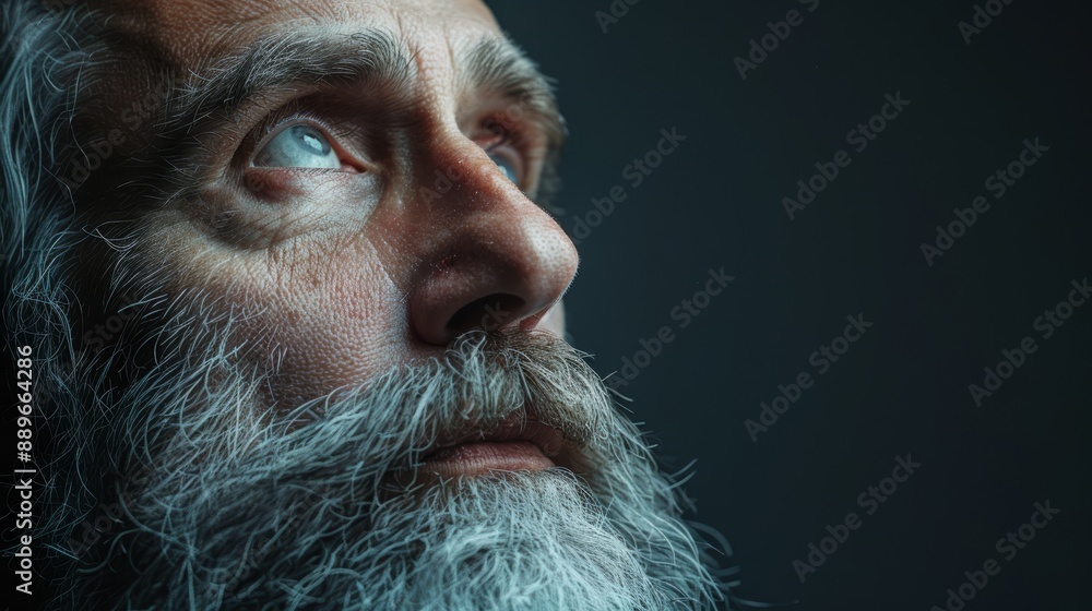 A man with a long white beard and serious expression, depicted in a close-up shot A man with a long white beard and serious expression, depicted in a close-up shot