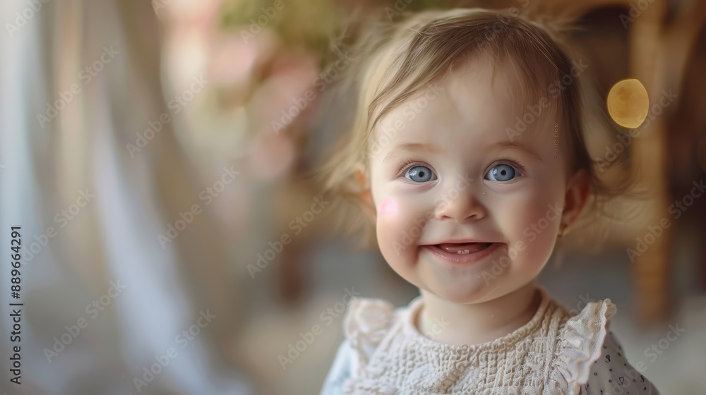 A tight shot of a young girl, her blue eyes shining bright with a radiant smile, framed by a flowing curtain in the background A tight shot of a young girl, her blue eyes shining bright with a radiant smile, framed by a flowing curtain in the background