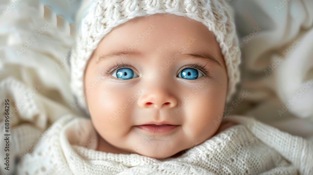 A tight shot of an infant in a white sweater and blue-eyed gaze, topped with a knitted hat boasting a tassel A tight shot of an infant in a white sweater and blue-eyed gaze, topped with a knitted hat boasting a tassel