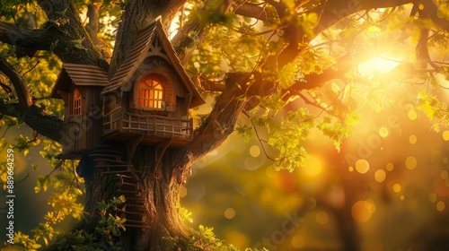  A treehouse atop a tree in a forest, bathed in sunlight filtering through leaves