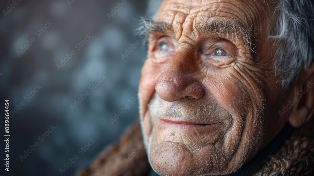 A tight shot of an elderly man's face, marked by deep-set wrinkles above the eyebrows and around the eyes A tight shot of an elderly man's face, marked by deep-set wrinkles above the eyebrows and around the eyes