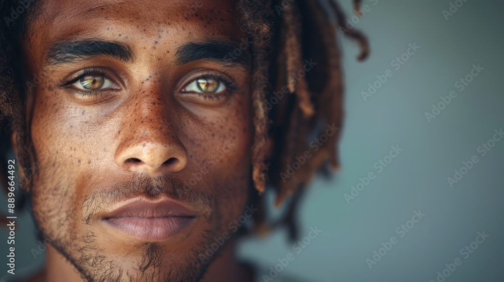 A tight shot of a man with dreadlocks intently gazing into the camera, displaying a grave expression A tight shot of a man with dreadlocks intently gazing into the camera, displaying a grave expression